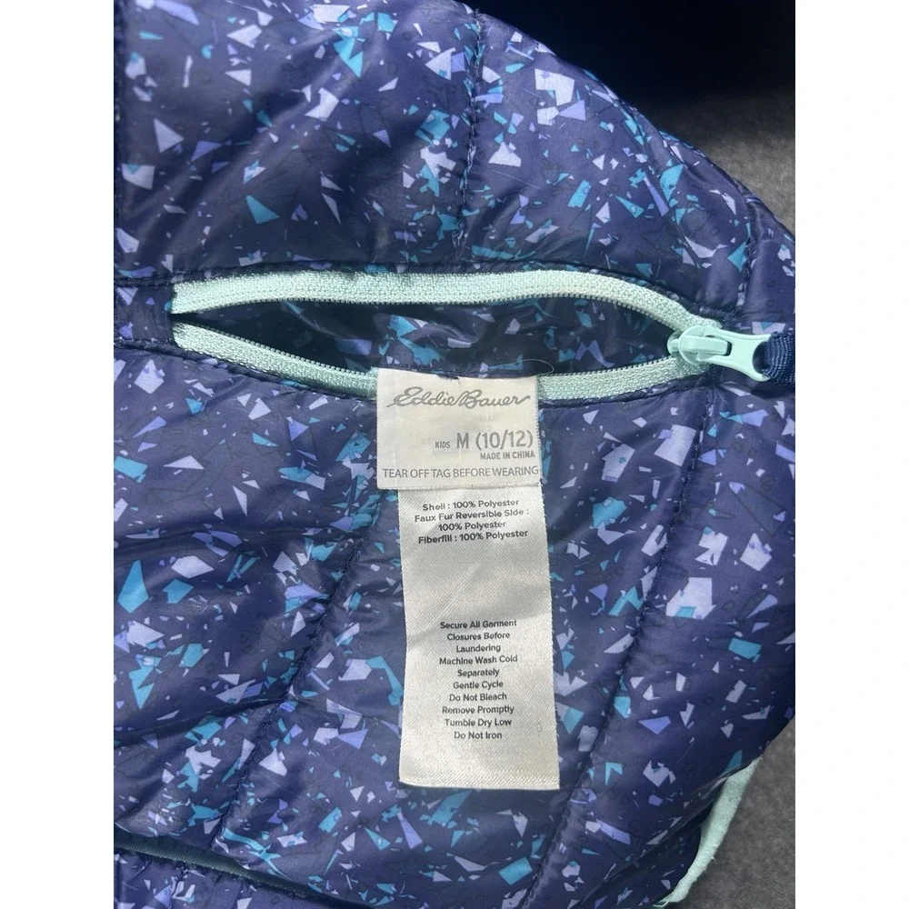 Eddie Bauer Kids Reversible Hooded Jacket Blue Pattern Teal Fleece M(10-12)